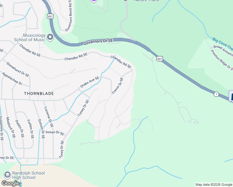 map of restaurants, bars, coffee shops, grocery stores, and more near 2713 Trevor Drive Southeast in Huntsville