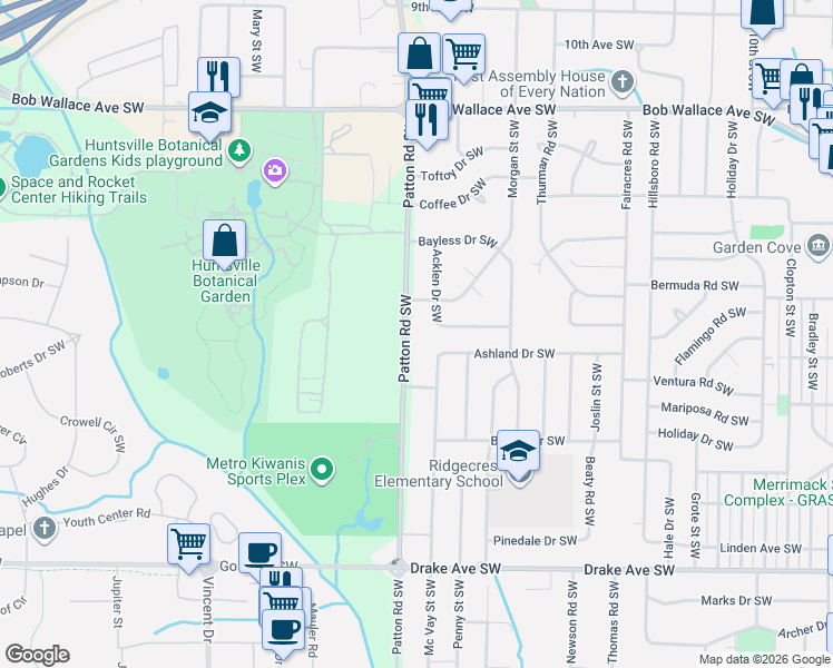 map of restaurants, bars, coffee shops, grocery stores, and more near 3109 Patton Road Southwest in Huntsville