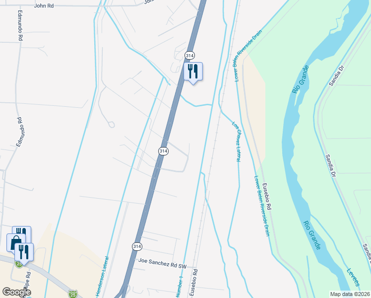 map of restaurants, bars, coffee shops, grocery stores, and more near 24 Los Chavez Loop in Belen