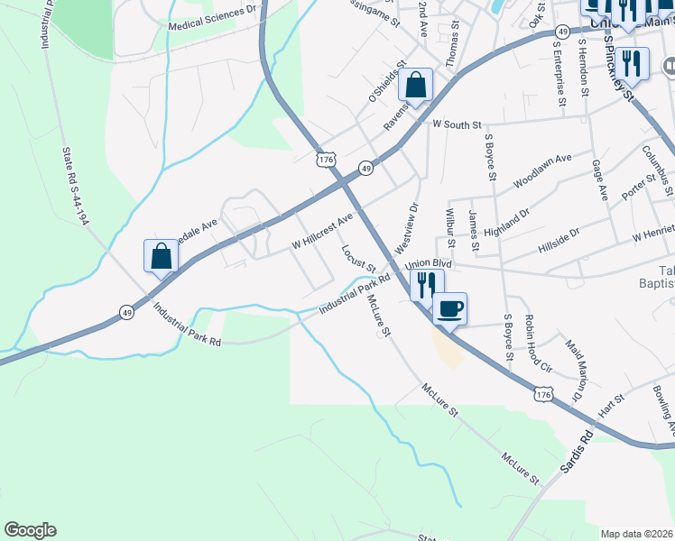 map of restaurants, bars, coffee shops, grocery stores, and more near 101-299 Locust Street in Union