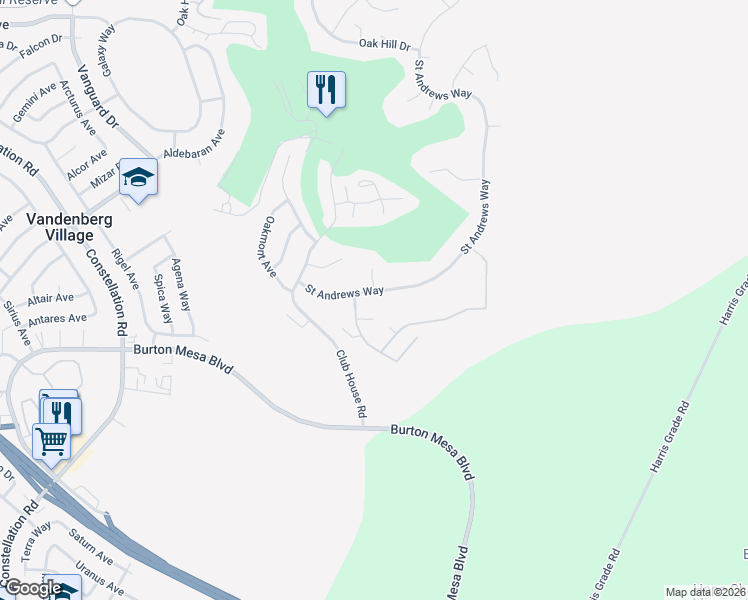 map of restaurants, bars, coffee shops, grocery stores, and more near 298 Saint Andrews Way in Lompoc