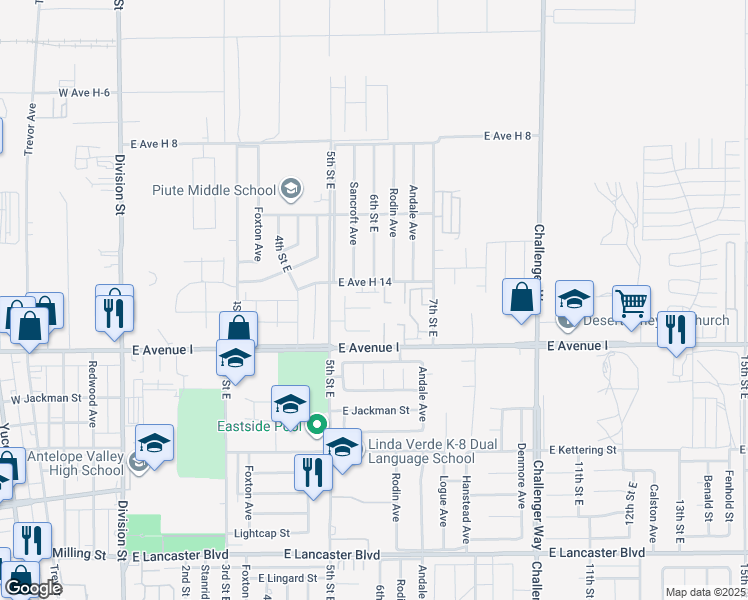 map of restaurants, bars, coffee shops, grocery stores, and more near 555 Koufax Drive in Lancaster