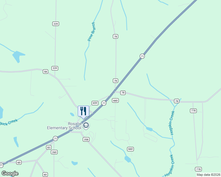 map of restaurants, bars, coffee shops, grocery stores, and more near 15718 Alabama 71 in Pisgah