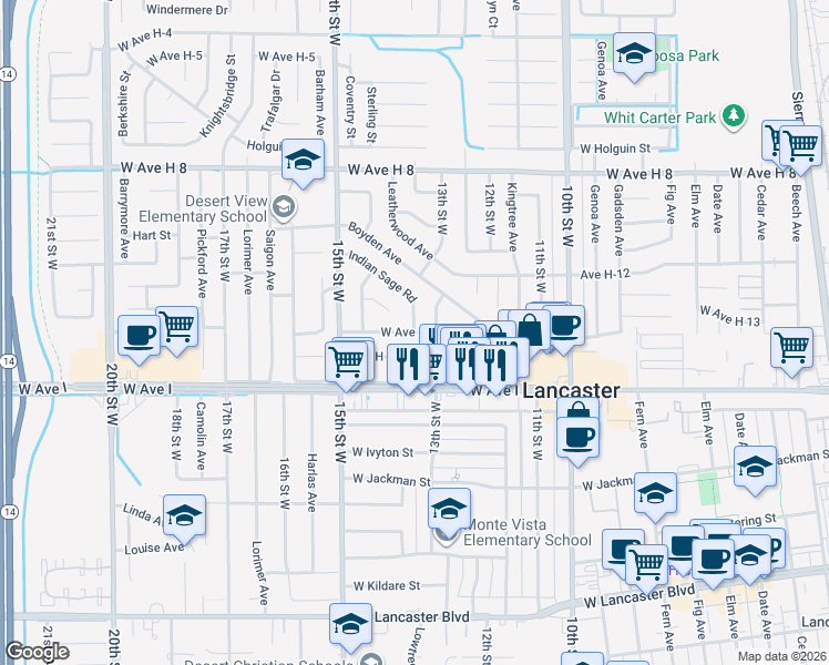 map of restaurants, bars, coffee shops, grocery stores, and more near West Avenue H14 in Lancaster