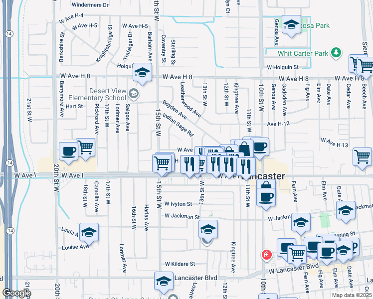 map of restaurants, bars, coffee shops, grocery stores, and more near 1347 West Avenue H 14 in Lancaster