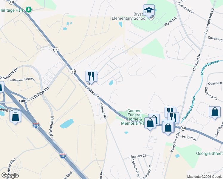 map of restaurants, bars, coffee shops, grocery stores, and more near 401 Whisper Walk Way in Fountain Inn