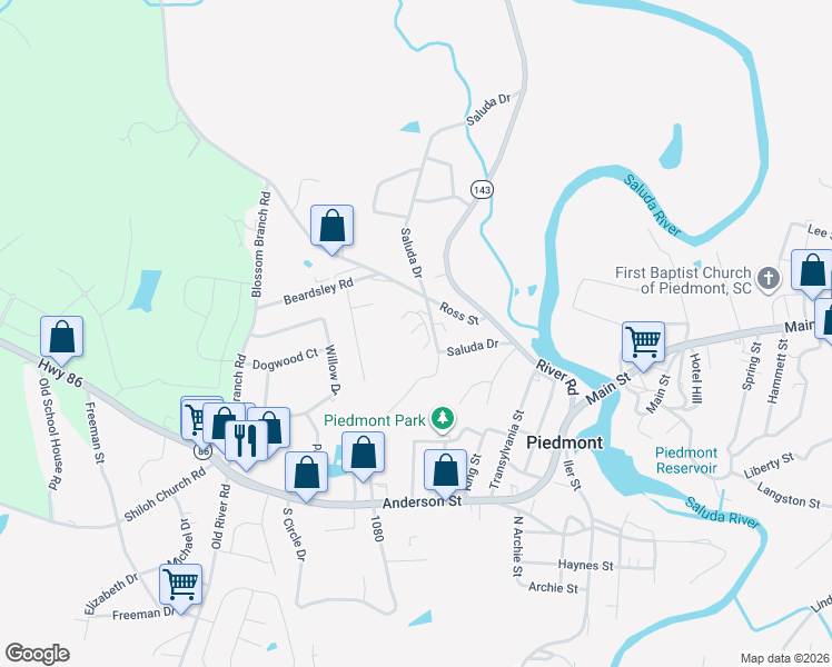 map of restaurants, bars, coffee shops, grocery stores, and more near 205 Saluda Drive in Piedmont