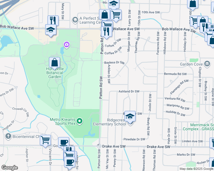 map of restaurants, bars, coffee shops, grocery stores, and more near 3109 Patton Road Southwest in Huntsville