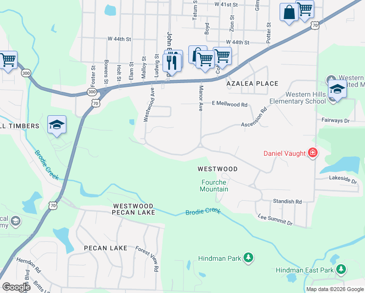 map of restaurants, bars, coffee shops, grocery stores, and more near 8518 Westwood Avenue in Little Rock