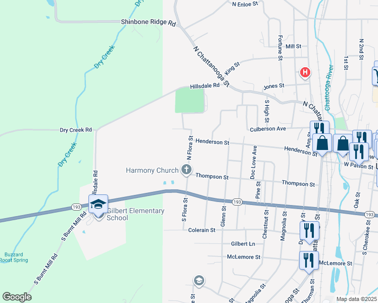 map of restaurants, bars, coffee shops, grocery stores, and more near 106 North Flora Street in LaFayette