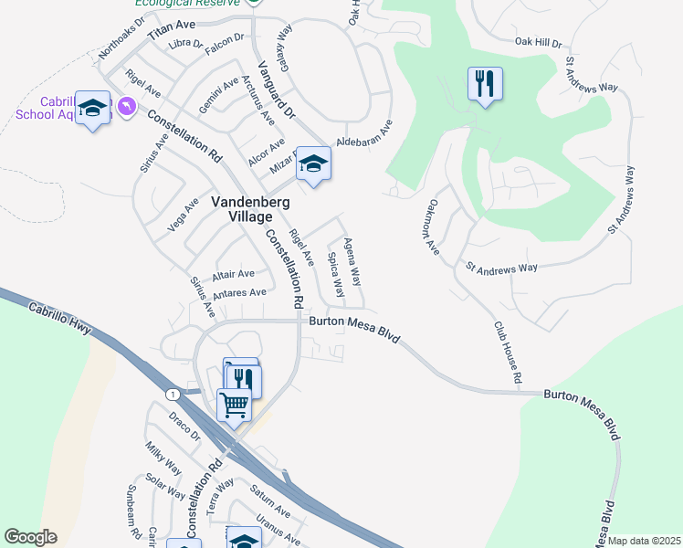 map of restaurants, bars, coffee shops, grocery stores, and more near 3947 Spica Way in Lompoc