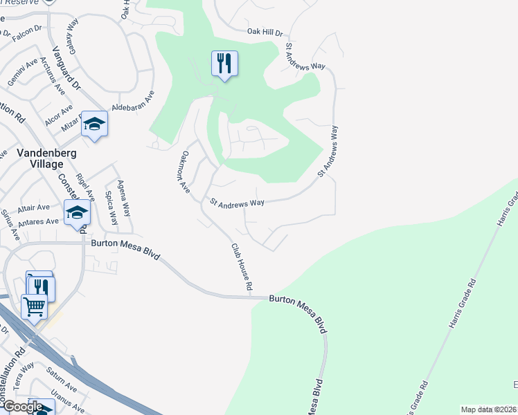 map of restaurants, bars, coffee shops, grocery stores, and more near 298 Saint Andrews Way in Lompoc