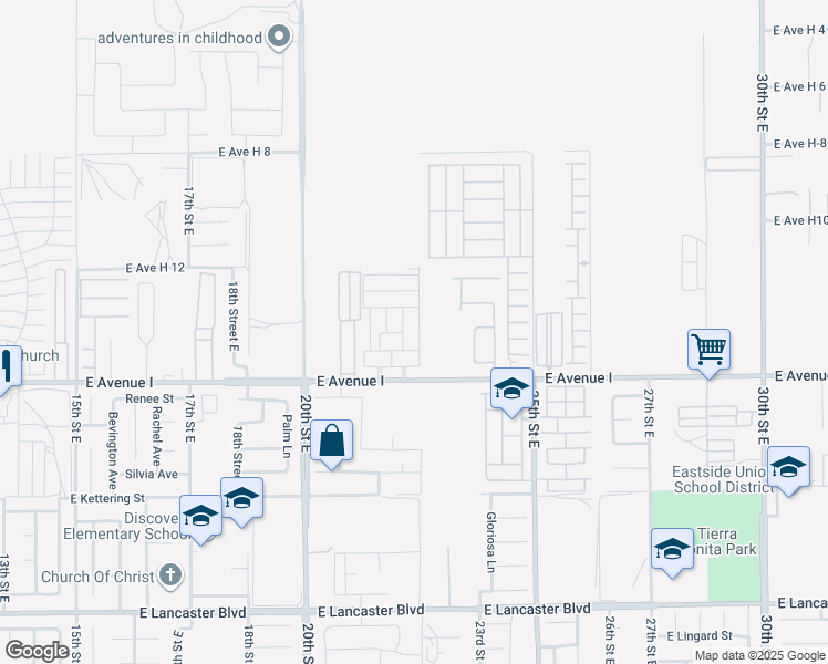 map of restaurants, bars, coffee shops, grocery stores, and more near 2217 East Avenue I in Lancaster