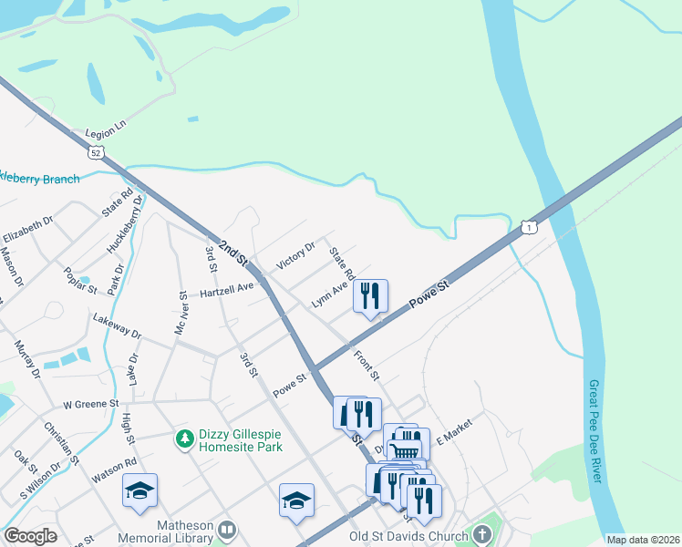 map of restaurants, bars, coffee shops, grocery stores, and more near 52 Lynn Avenue in Cheraw