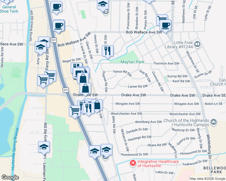 map of restaurants, bars, coffee shops, grocery stores, and more near 320 Drake Avenue Southwest in Huntsville