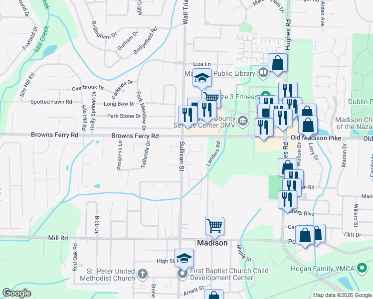 map of restaurants, bars, coffee shops, grocery stores, and more near 101 Bluebelle Drive in Madison