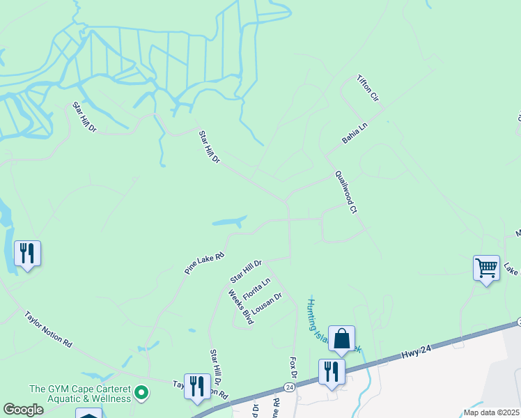 map of restaurants, bars, coffee shops, grocery stores, and more near 148 Pine Lake Road in Cape Carteret