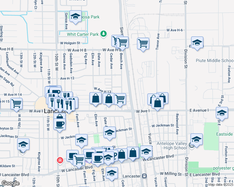 map of restaurants, bars, coffee shops, grocery stores, and more near 520 West Avenue H 14 in Lancaster