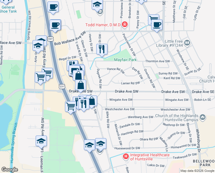 map of restaurants, bars, coffee shops, grocery stores, and more near 320 Drake Avenue Southwest in Huntsville