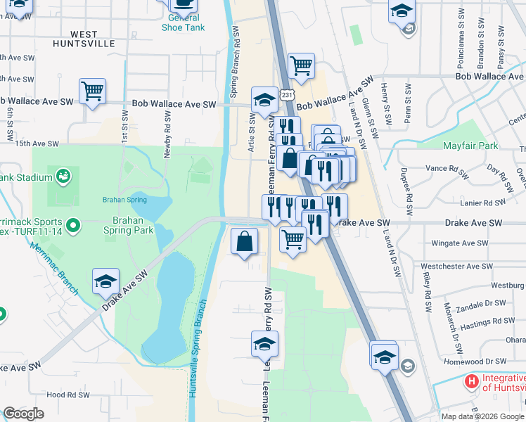 map of restaurants, bars, coffee shops, grocery stores, and more near 2100 Drake Avenue Southwest in Huntsville