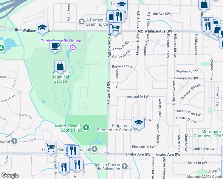 map of restaurants, bars, coffee shops, grocery stores, and more near 3109 Patton Road Southwest in Huntsville