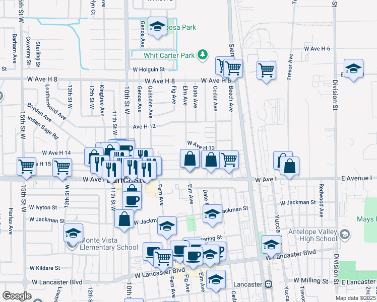 map of restaurants, bars, coffee shops, grocery stores, and more near 45304 Elm Avenue in Lancaster