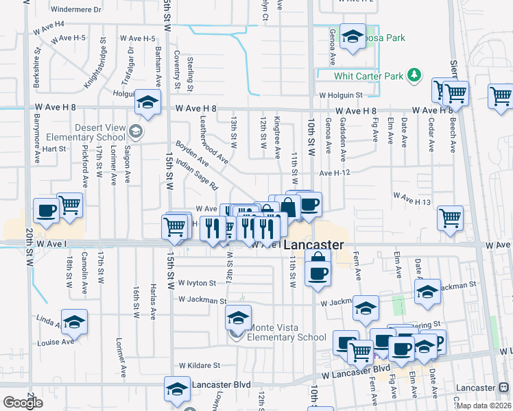 map of restaurants, bars, coffee shops, grocery stores, and more near 1259 West Avenue H 14 in Lancaster