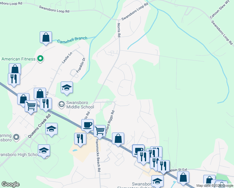 map of restaurants, bars, coffee shops, grocery stores, and more near 249 Channel Marker Loop in Swansboro