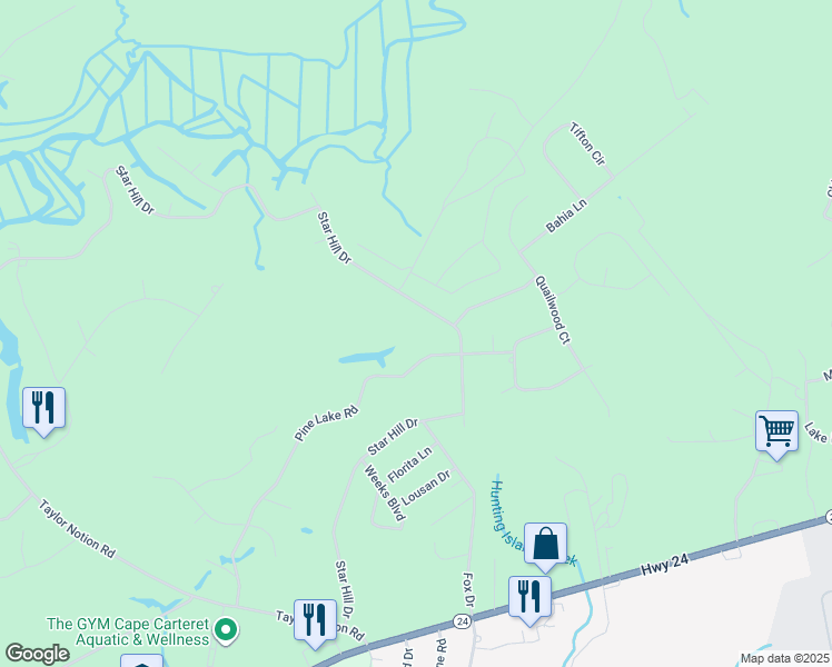 map of restaurants, bars, coffee shops, grocery stores, and more near 114-142 Pine Lake Rd in Cape Carteret