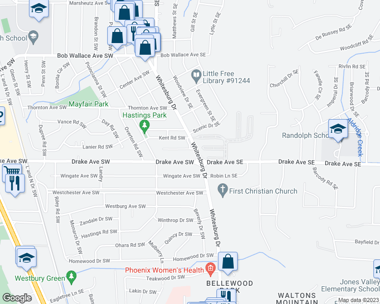 map of restaurants, bars, coffee shops, grocery stores, and more near 101 Bibb Road Southwest in Huntsville