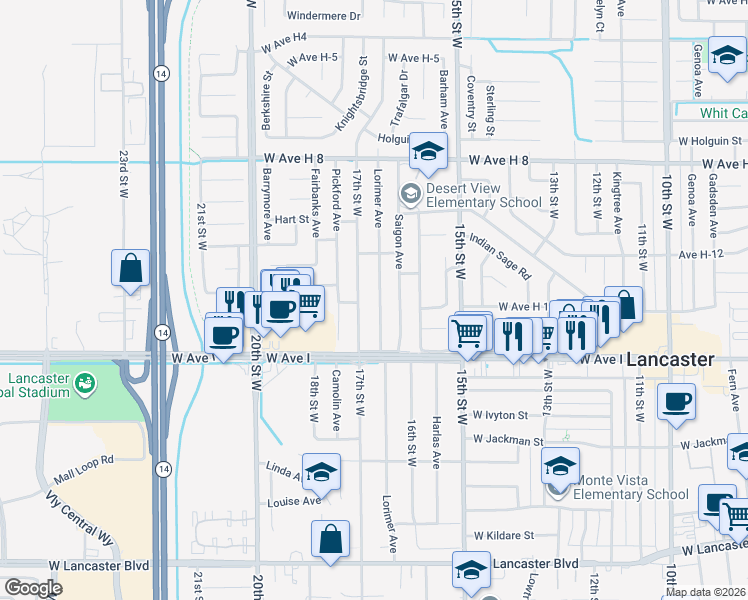 map of restaurants, bars, coffee shops, grocery stores, and more near 45245 Lorimer Avenue in Lancaster
