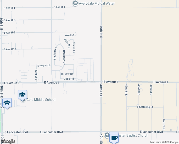 map of restaurants, bars, coffee shops, grocery stores, and more near 3753 East Avenue H10 in Lancaster