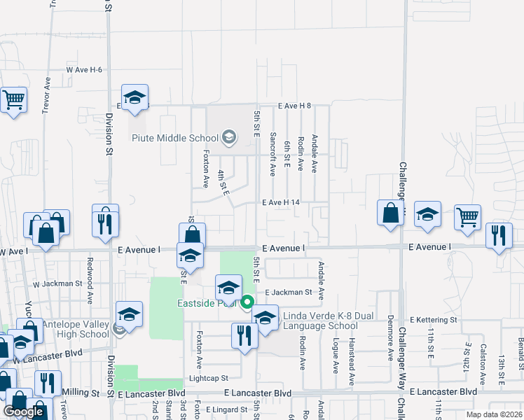 map of restaurants, bars, coffee shops, grocery stores, and more near 45265 Sancroft Avenue in Lancaster