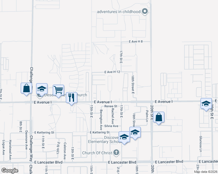 map of restaurants, bars, coffee shops, grocery stores, and more near 1617 East Avenue I in Lancaster