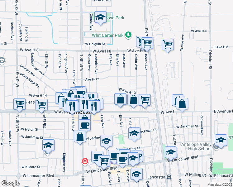 map of restaurants, bars, coffee shops, grocery stores, and more near 45307 Elm Avenue in Lancaster
