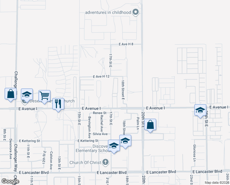 map of restaurants, bars, coffee shops, grocery stores, and more near 1717 East Avenue I in Lancaster