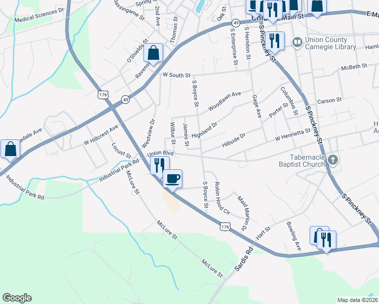 map of restaurants, bars, coffee shops, grocery stores, and more near 206 James Street in Union