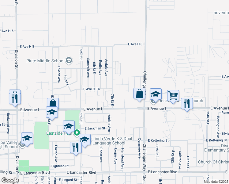 map of restaurants, bars, coffee shops, grocery stores, and more near 45260 7th Street in Lancaster