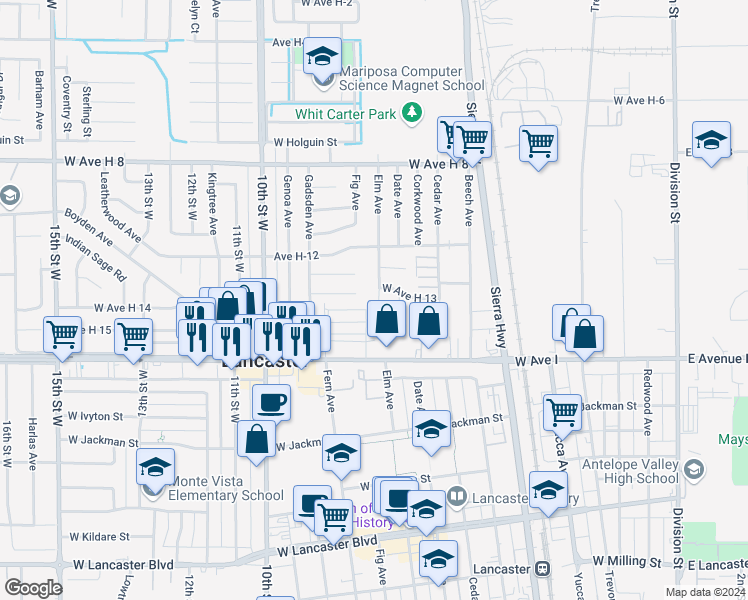 map of restaurants, bars, coffee shops, grocery stores, and more near 45307 Elm Avenue in Lancaster