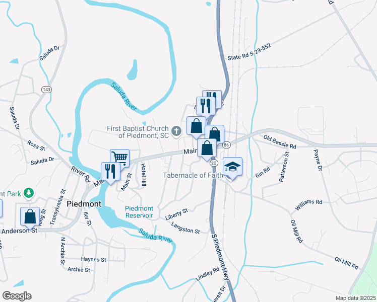 map of restaurants, bars, coffee shops, grocery stores, and more near 1 Church Street in Piedmont