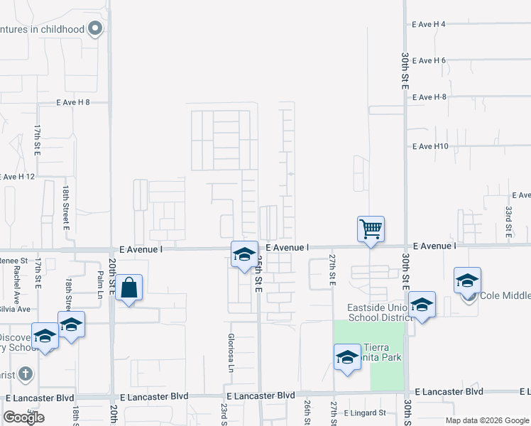 map of restaurants, bars, coffee shops, grocery stores, and more near 2515 East Avenue H10 in Lancaster