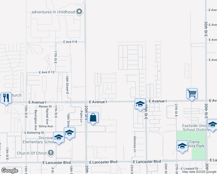 map of restaurants, bars, coffee shops, grocery stores, and more near 2121 East Avenue I in Lancaster