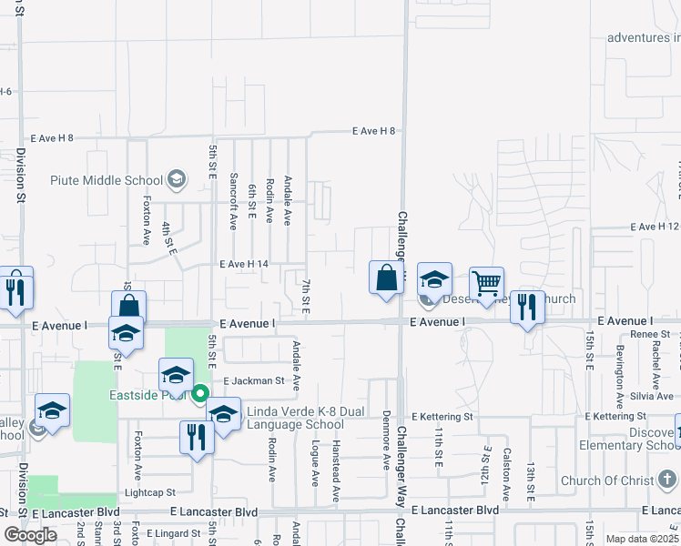 map of restaurants, bars, coffee shops, grocery stores, and more near East Avenue H 14 in Lancaster