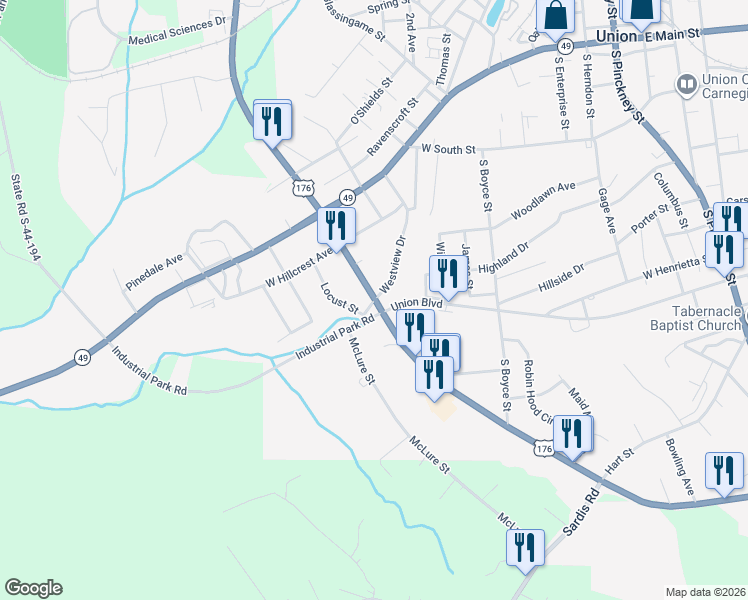map of restaurants, bars, coffee shops, grocery stores, and more near 101 Locust Street in Union