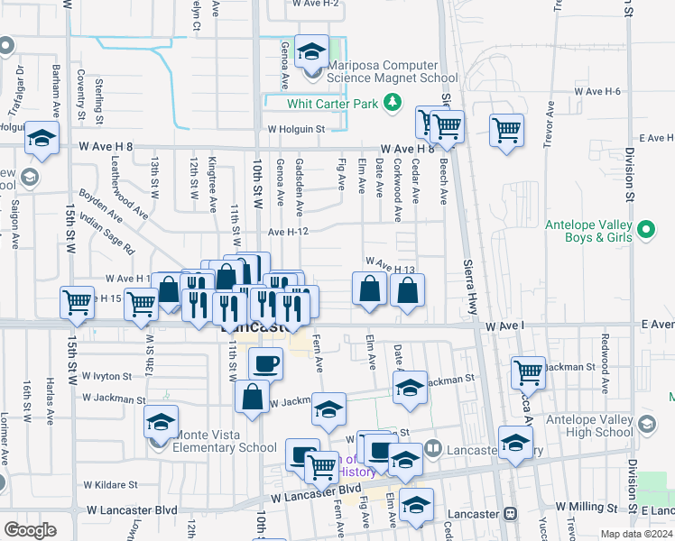 map of restaurants, bars, coffee shops, grocery stores, and more near West Avenue H 13 in Lancaster