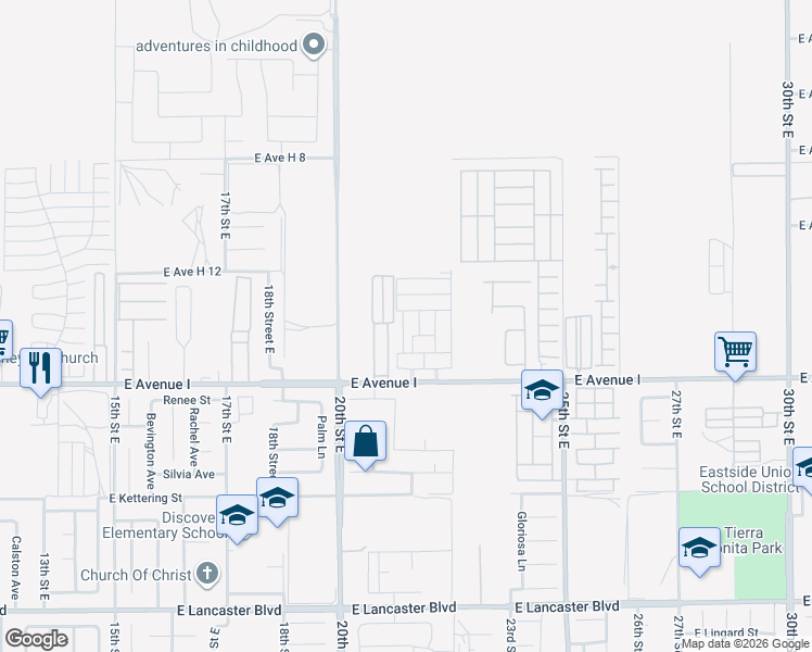 map of restaurants, bars, coffee shops, grocery stores, and more near 2121 East Avenue H10 in Lancaster