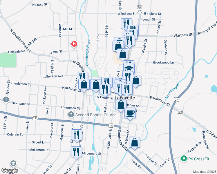 map of restaurants, bars, coffee shops, grocery stores, and more near 205 West Villanow Street in LaFayette