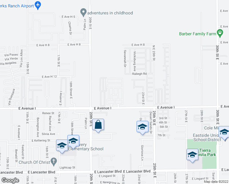 map of restaurants, bars, coffee shops, grocery stores, and more near 2059 East Avenue I in Lancaster