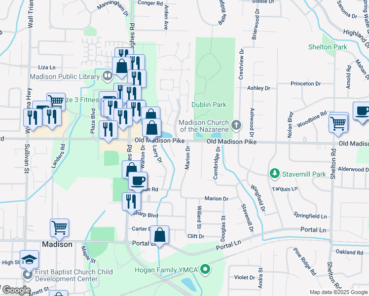 map of restaurants, bars, coffee shops, grocery stores, and more near 705 Marion Drive in Madison