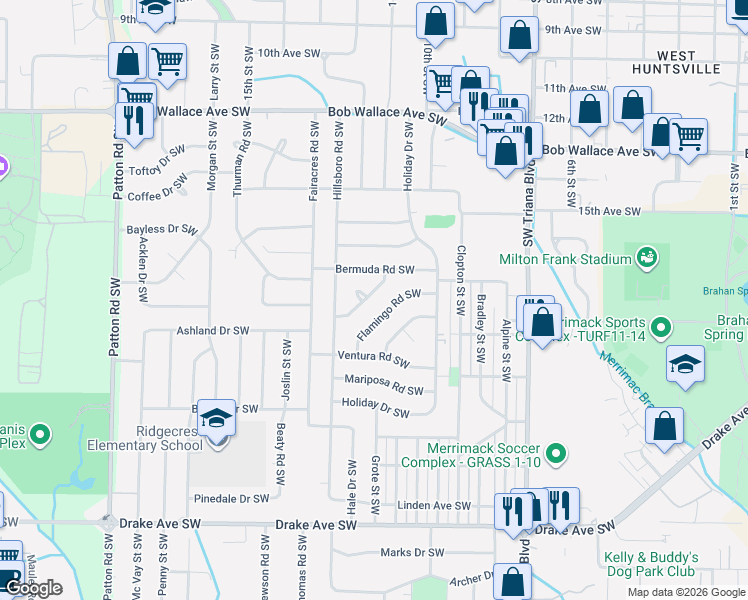 map of restaurants, bars, coffee shops, grocery stores, and more near 3524 Flamingo Road Southwest in Huntsville
